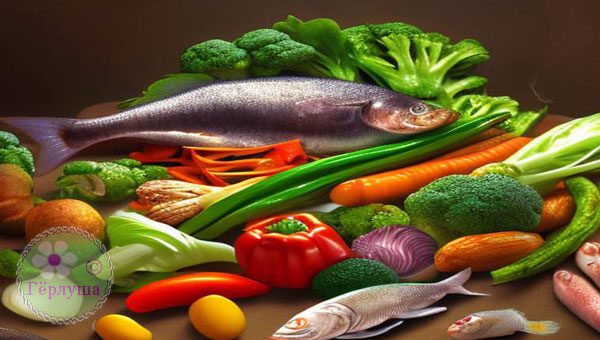 Рыба, овощи, зелень,  полезные продукты