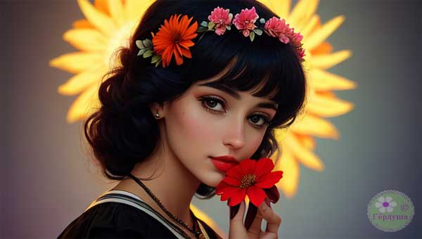 Темноволосая девушка в венке и с цветами в руках