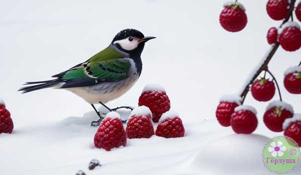 Синица на снегу и красные ягоды