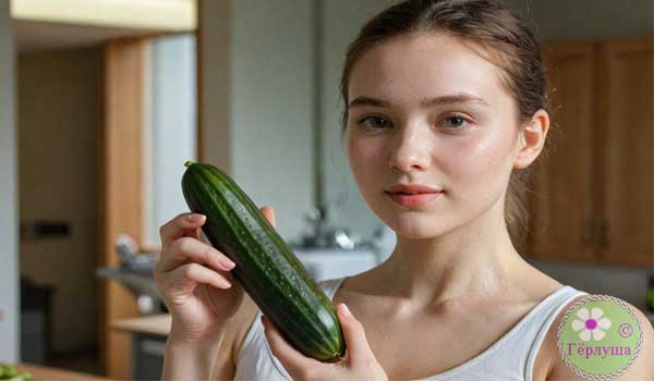 Девушка с огурцом в руке на кухне