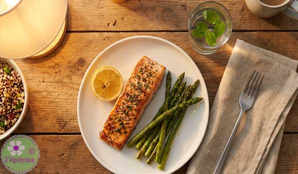 Рыба на тарелке, спаржа и лимон