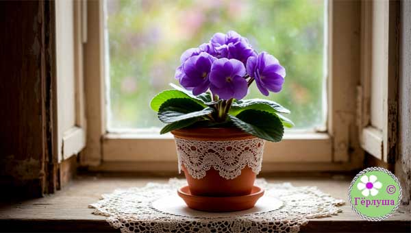 фиалка на окне в горшке