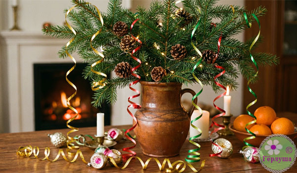 Ваза с еловыми ветками и шишками