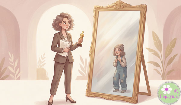 Девушка у зеркала со статуэткой в руке, отражение маленькая испуганная девочка