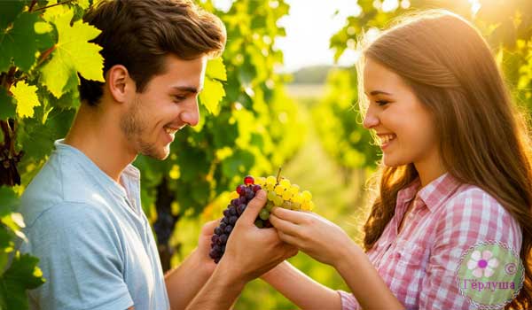 Парень и девушка держат в руках виноград