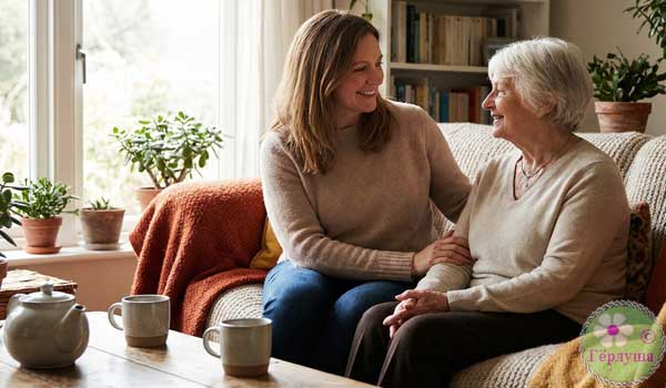 Молодая и пожилая женщина, мать и дочь сидят на диване и разговаривают
