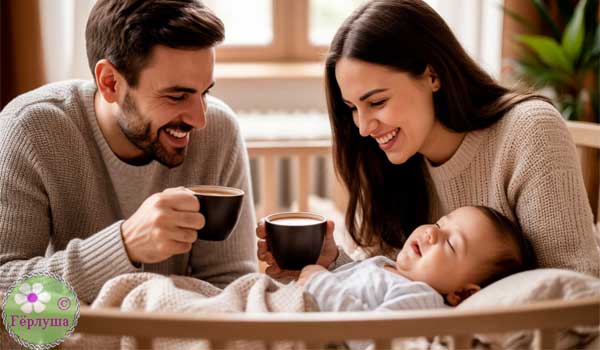 Молодые родители у колыбели с малышом