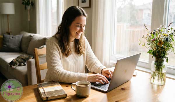 Девушка за ноутбуком дома