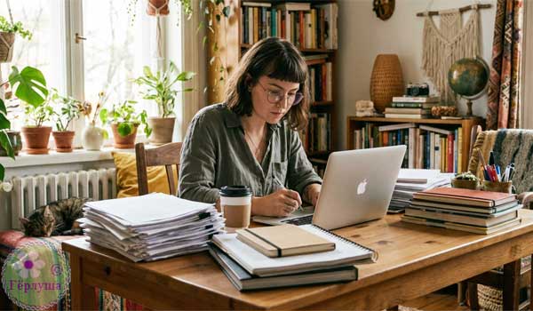 Девушка в очках работает за компьютером на удаленке