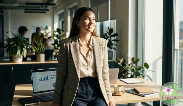 Девушка в офисе у стола с ноутбуком