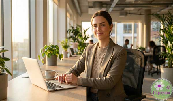 Молодая женщина сидит за столом в офисе