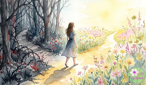 Девушка на перекрестке, лес и ясная поляна