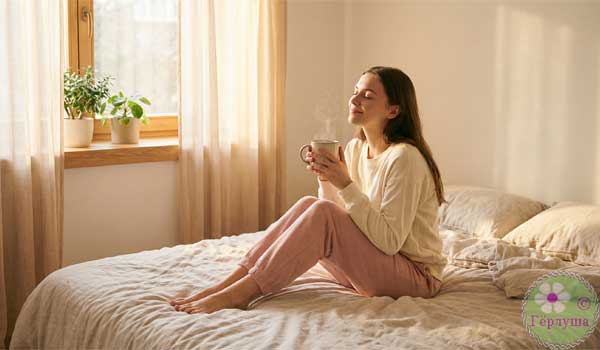 Девушка сидит на кровати и пьет кофе утром