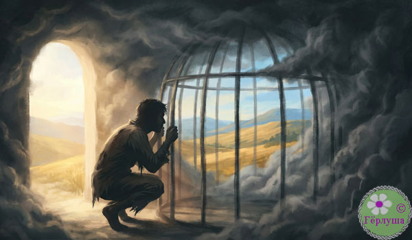 Человек смотрит на мир через прутья клетки