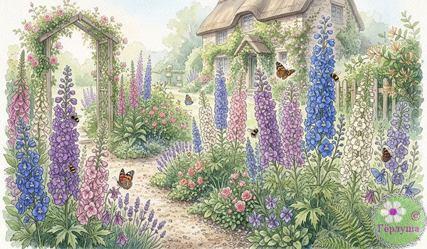 Участок с цветами и садовой аркой, рисунок