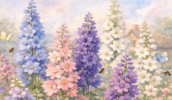 Разноцветные дельфиниумы, рисунок