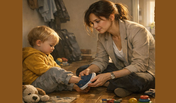 Мама обувает малыша