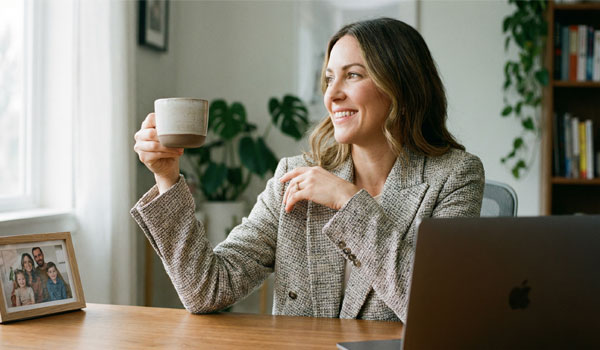 Женщина счастливая с чашкой чая у ноутбука