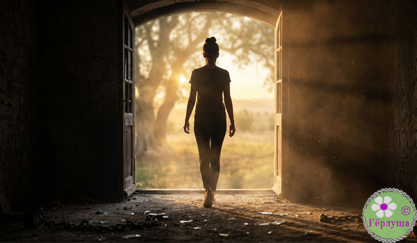 Женщина выходит из старого разрушенного помещения на солнечный свет