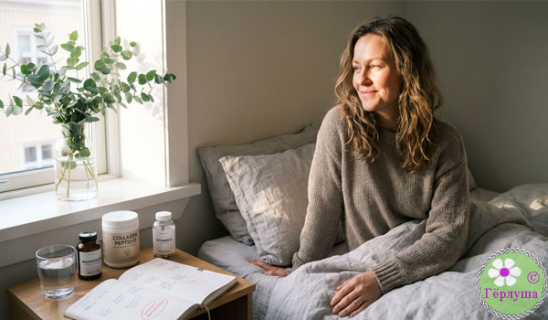 Женщина сидит у окна в кровати, тумбочка с препаратами