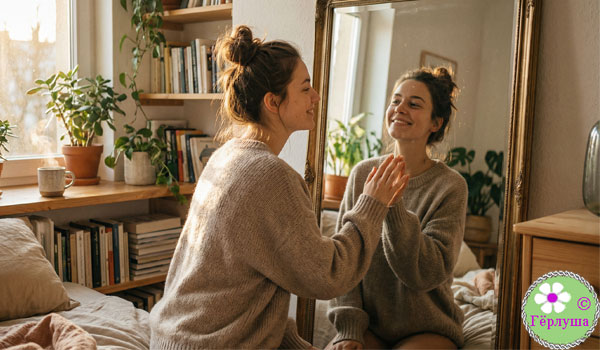 Девушка смотрит на себя в зеркале