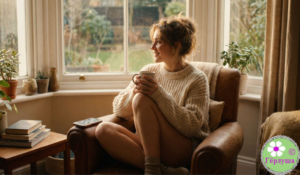 Девушка в кресле пьет кофе