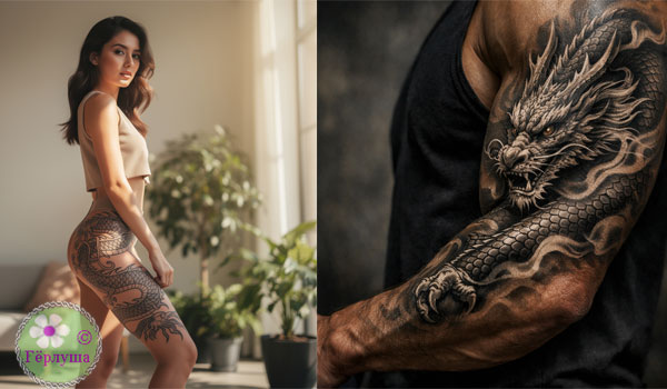 Девушка и мужчина с татуировками дракона