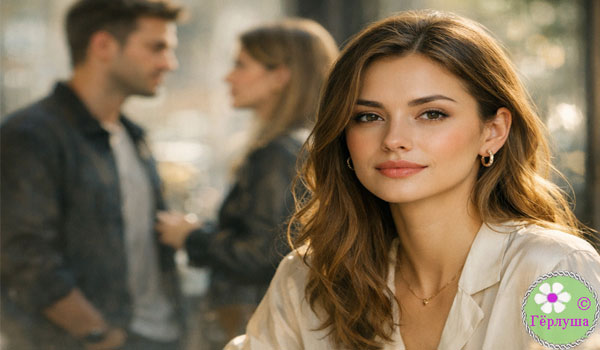 Девушка сидит за столом, на заднем плане мужчина разговаривает с другой женщиной