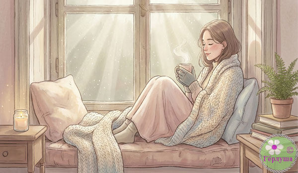 Девушка у окна с чашкой чая