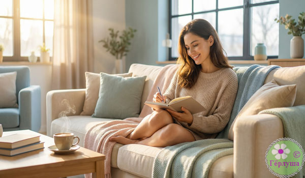 Девушка с блокнотом на диване