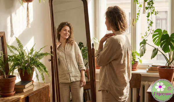 Девушка смотрит на себя в зеркало