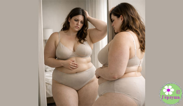 Полная женщина у зеркала