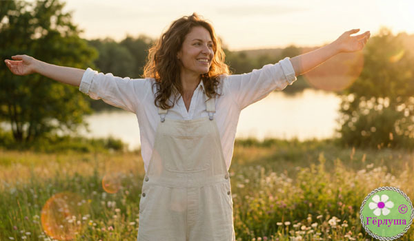 Женщина в белом комбинезоне на лугу раскинула руки