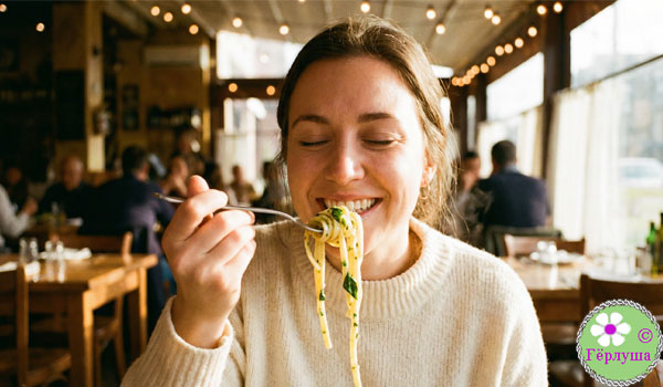 Женщина ест макароны