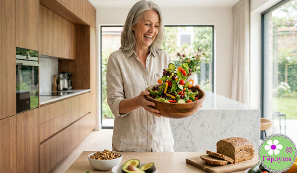 Пожилая дама готовит салат