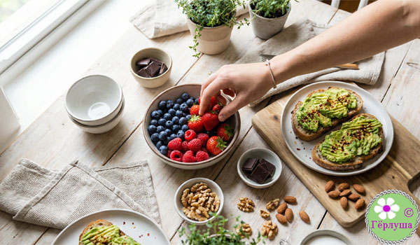 Ягоды, бутерброд на зерновом хлебе, шоколад