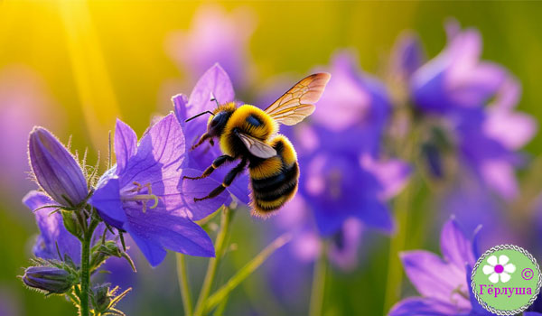 Шмели на колокольчиках на лугу