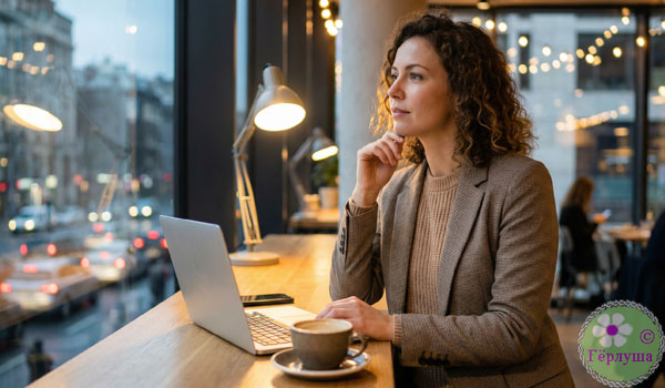 Женщина у окна за работой на компьютере