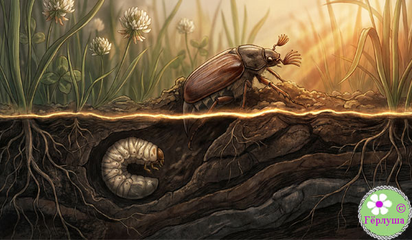 Майский жук и его личинка в земле