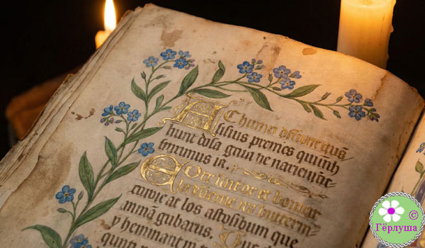 Древний фолиант с узором из голубых цветов