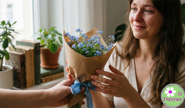 Женщина получает цветы в подарок