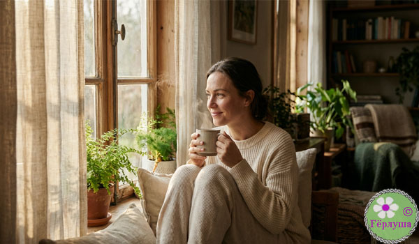 Девушка сидит у окна с чашкой чая в домашнем интерьере