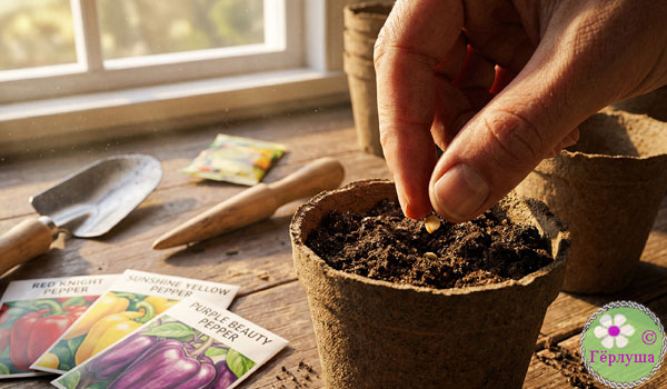 Посев семечки перца в торфяной горшочек