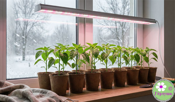 Светодиодная фитолампа над растениями на подоконнике зимой