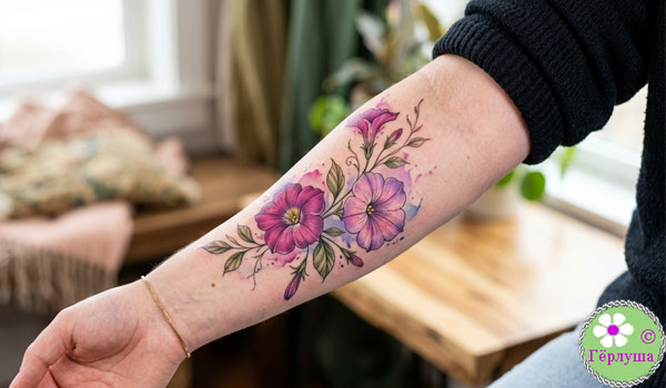 Татуировка с цветущим растением на руке