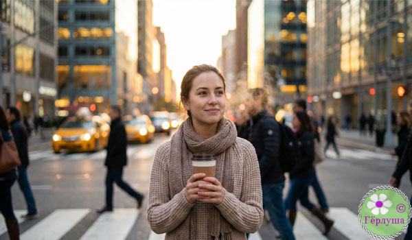 Девушка с чашкой кофе в центре города