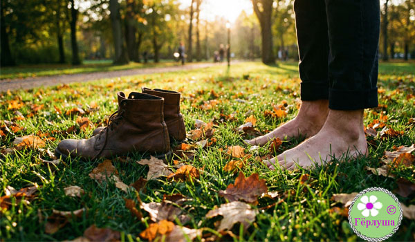 Человек разутый стоит на траве, рядом ботинки