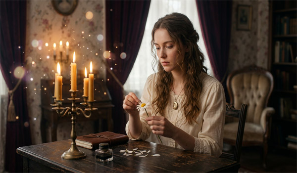 девушка за столом гадает на ромашке при свечах