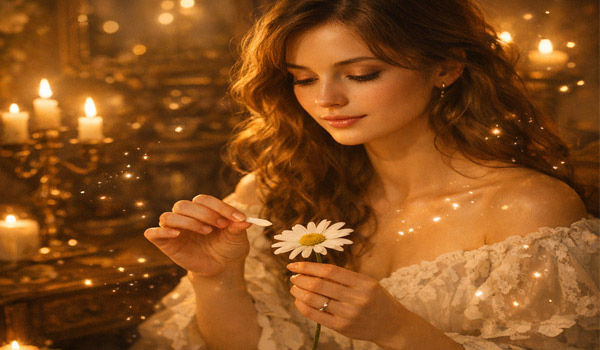 девушка гадает на цветке