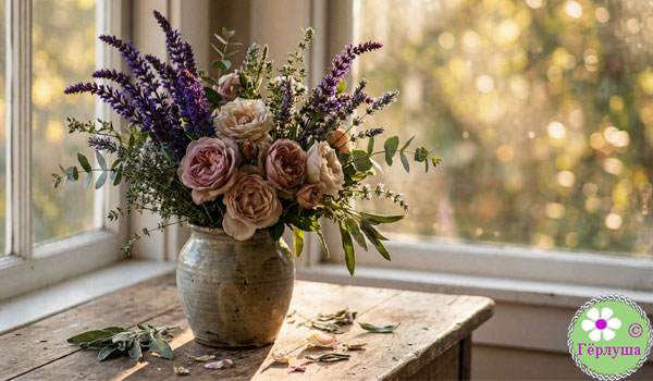 Букет роз с шалфеем